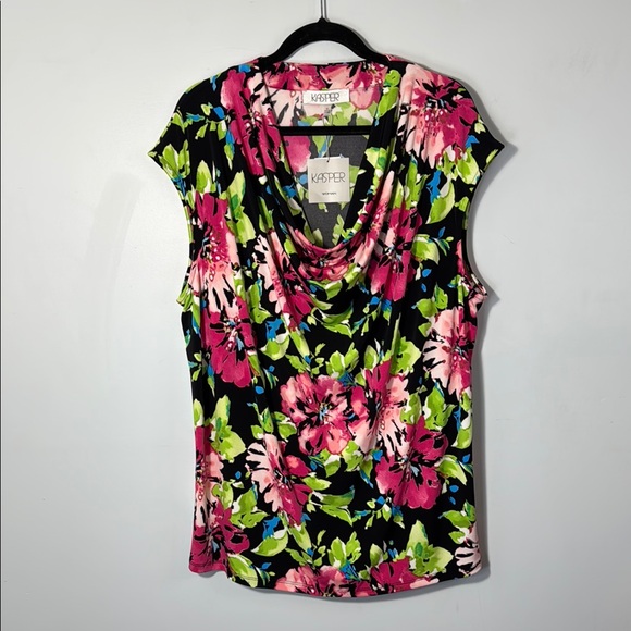 Kasper Top‎ Black w/ Pink/Green Floral Sleeveless Draped Neckline in Size 3X NWT - Picture 1 of 9